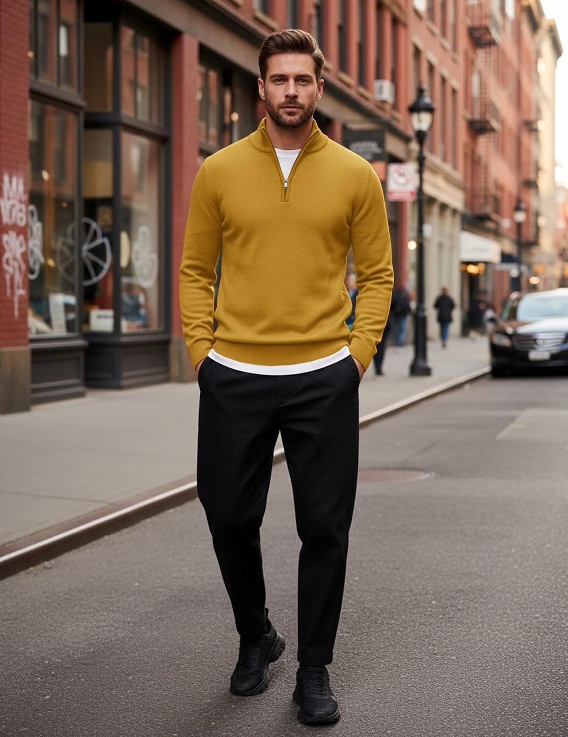 image:imageCOOFANDY Mens Quarter Zip Up Sweaters Slim Fit Lightweight Mock PulloverTurmeric