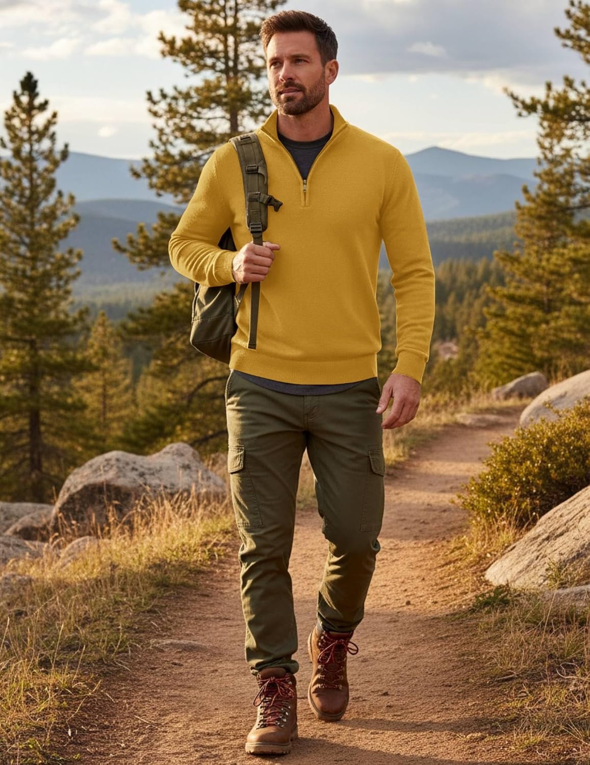 image:imageCOOFANDY Mens Quarter Zip Up Sweaters Slim Fit Lightweight Mock PulloverTurmeric