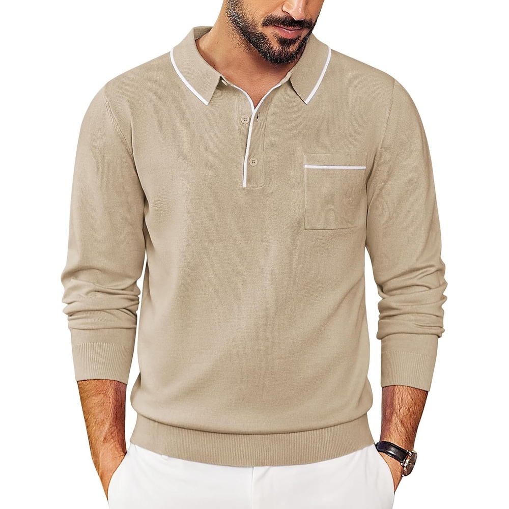 image:imageCOOFANDY Mens Knit Polo Long Sleeve Collared Sweater Polo Business Casual Polos with PocketKhaki