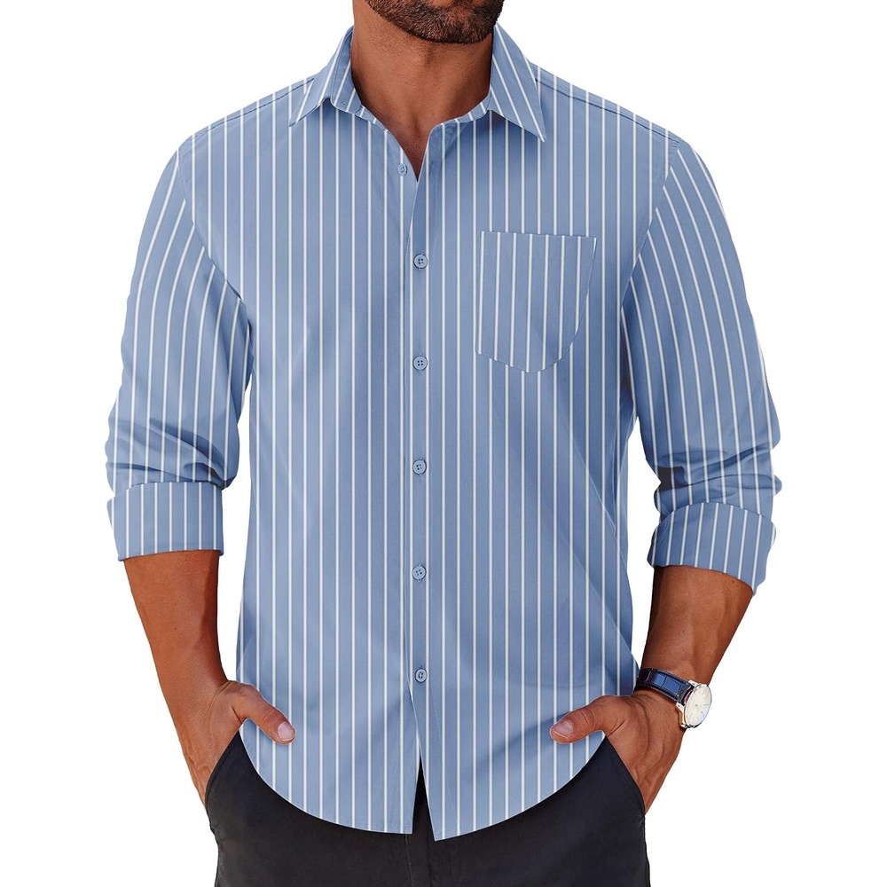 image:imageCOOFANDY Mens Long Sleeve Button Down Shirts Casual Untucked Shirts for Men Dress Shirts Beach Wedding ShirtsWhite Stripeblue