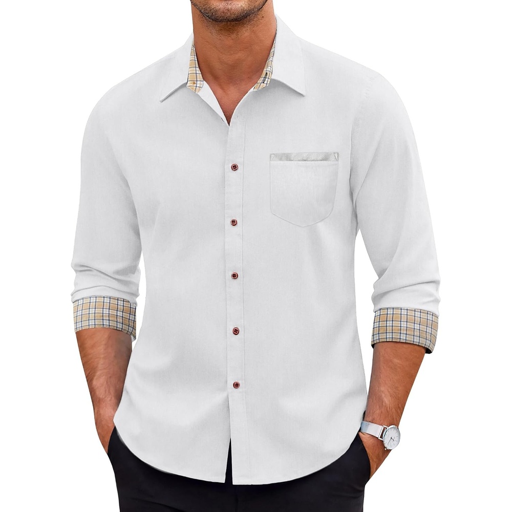 image:imageCOOFANDY Mens Long Sleeve Casual Button Down Shirts Untucked Shirts Plaid Collar Vintage Denim ShirtType 03 White