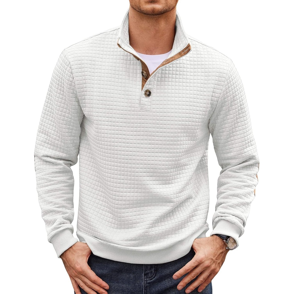 image:imageCOOFANDY Mens Quarter Button Sweatshirt Long Sleeve Pullover Waffle Casual Stand Collar SweaterWhite
