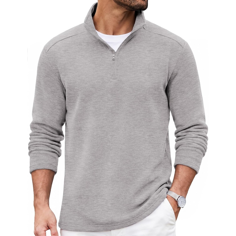 image:imageCOOFANDY Mens Quarter Zip Cotton Pullover Mock Neck Casual SweatshirtLight Grey