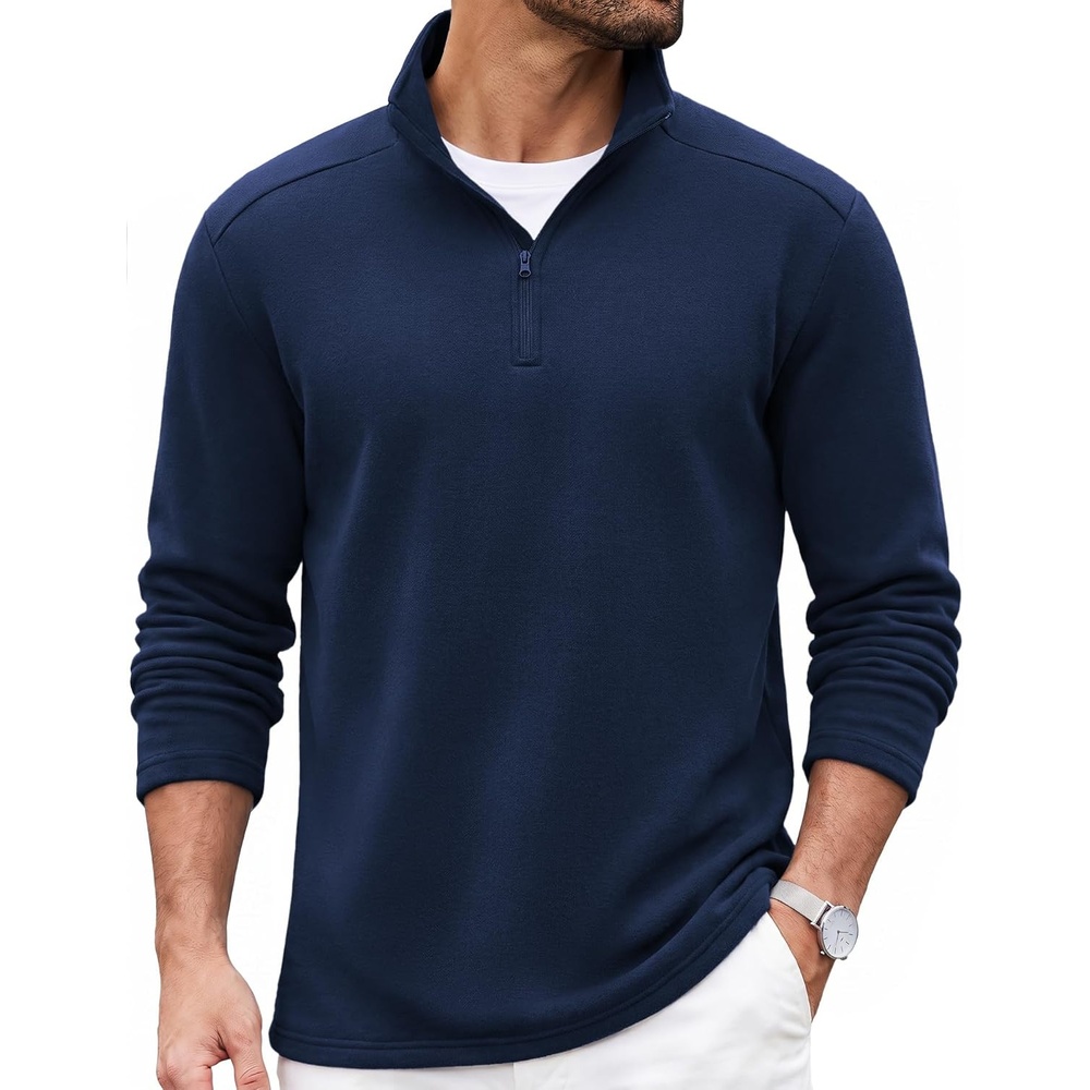 image:imageCOOFANDY Mens Quarter Zip Cotton Pullover Mock Neck Casual SweatshirtNavy Blue