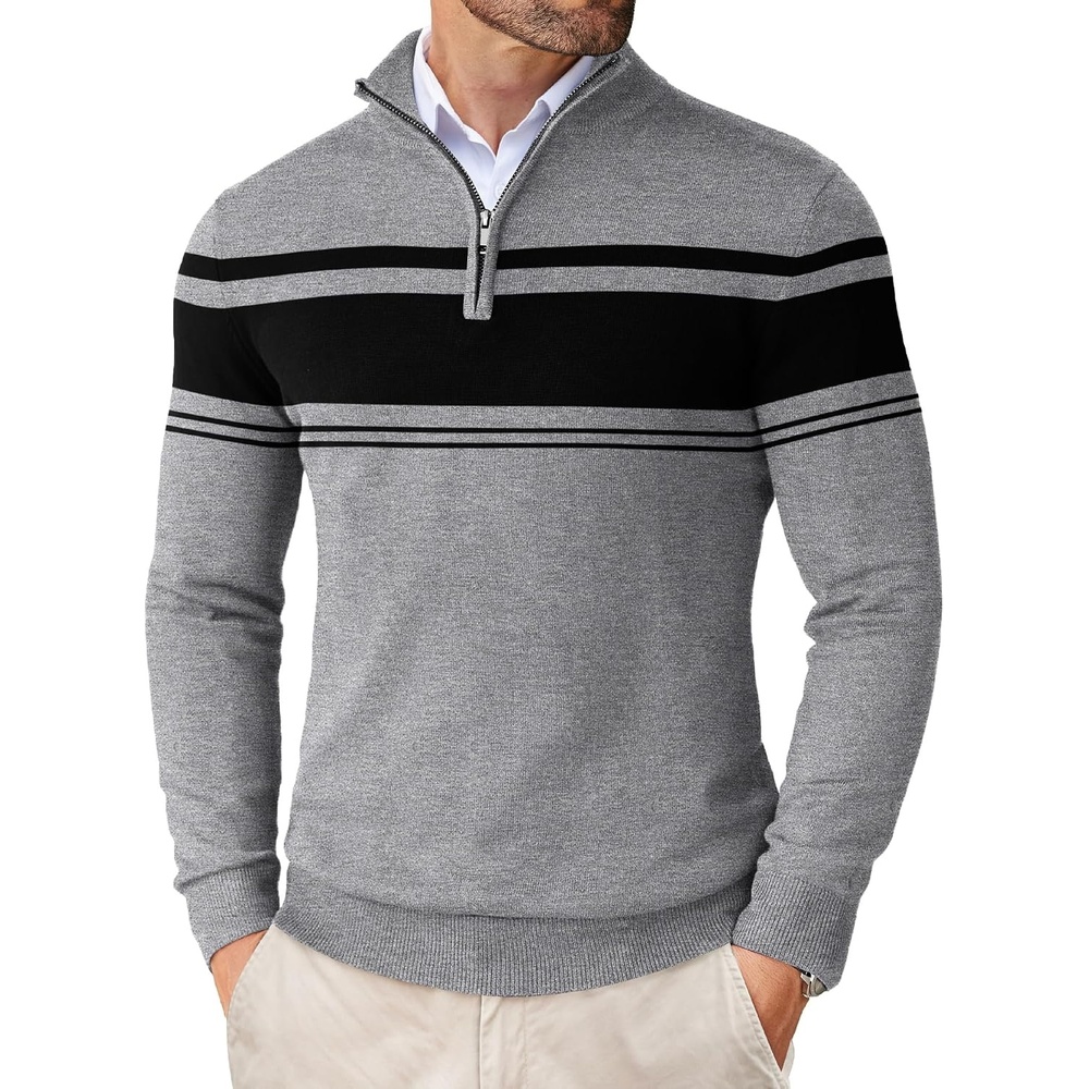 image:imageCOOFANDY Mens Quarter Zip Up Sweaters Slim Fit Lightweight Mock PulloverBlack Heather Grey