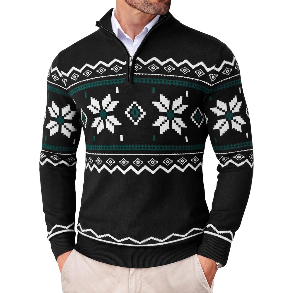 image:imageCOOFANDY Mens Quarter Zip Up Sweaters Slim Fit Lightweight Mock PulloverBlack White Green Pattern