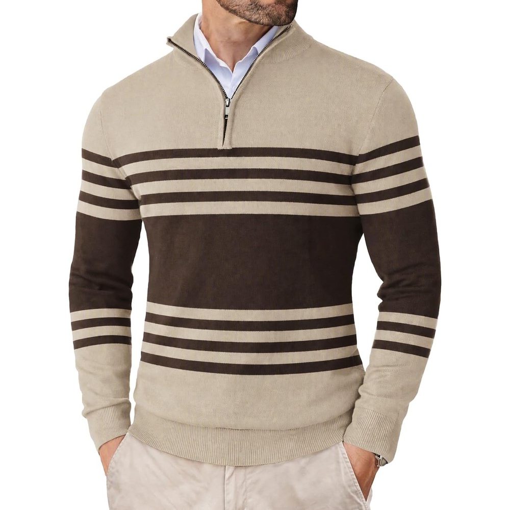 image:imageCOOFANDY Mens Quarter Zip Up Sweaters Slim Fit Lightweight Mock PulloverBrown Beige