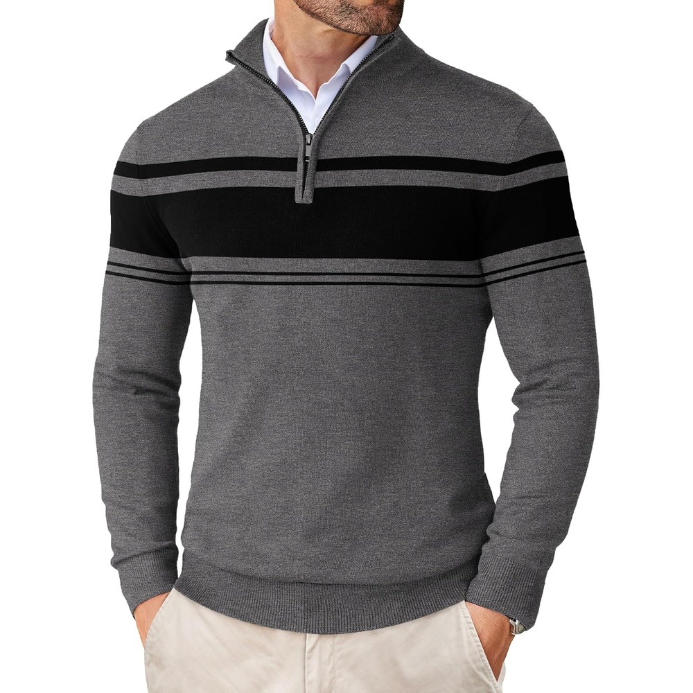 image:imageCOOFANDY Mens Quarter Zip Up Sweaters Slim Fit Lightweight Mock PulloverDark Heather Grey Black Stripe