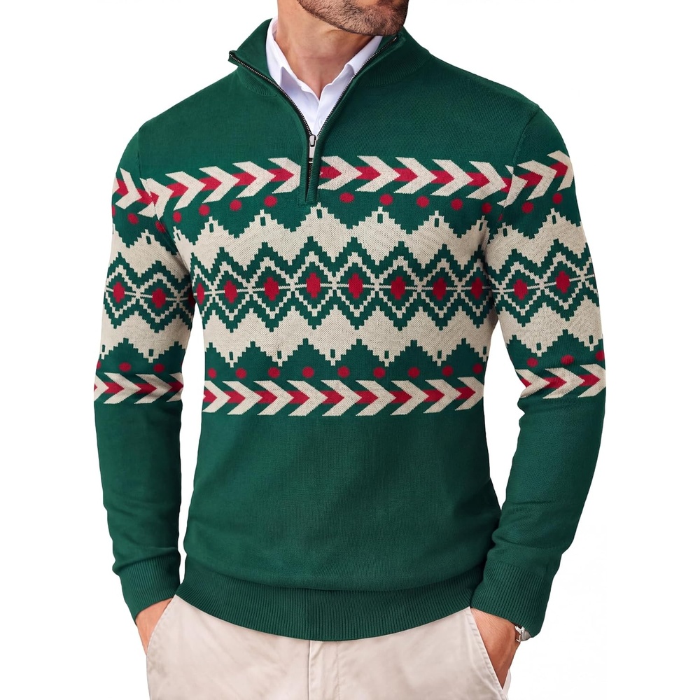 image:imageCOOFANDY Mens Quarter Zip Up Sweaters Slim Fit Lightweight Mock PulloverGreen Red Beige Pattern