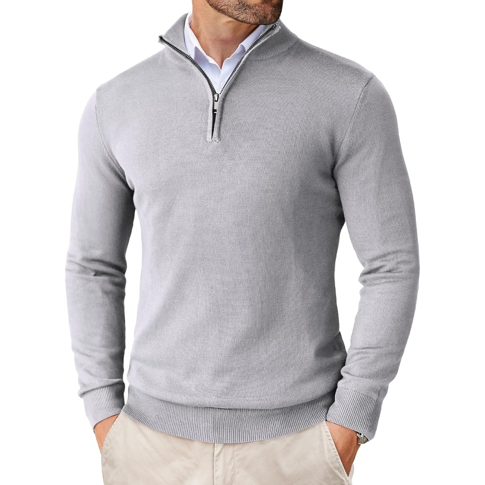 image:imageCOOFANDY Mens Quarter Zip Up Sweaters Slim Fit Lightweight Mock PulloverLight Grey