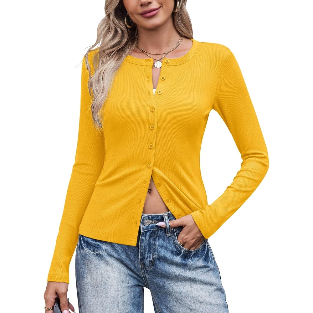 image:imageCOOFANDY Womens Lightweight Cardigans Ribbed Long Sleeve Button Up SweaterYellow