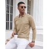 COOFANDY Mens Knit Polo Long Sleeve Collared Sweater Polo Business Casual Polos with Pocket(Khaki)