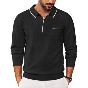 COOFANDY Mens Knit Polo Long Sleeve Collared Sweater Polo Business Casual Polos with Pocket(All Black)