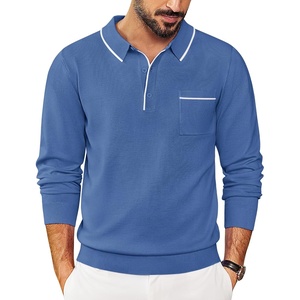 COOFANDY Mens Knit Polo Long Sleeve Collared Sweater Polo Business Casual Polos with Pocket(Deep Blue)