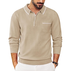 COOFANDY Mens Knit Polo Long Sleeve Collared Sweater Polo Business Casual Polos with Pocket(Khaki)