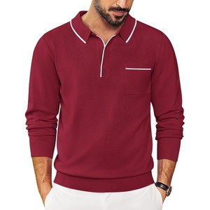 COOFANDY Mens Knit Polo Long Sleeve Collared Sweater Polo Business Casual Polos with Pocket(Red)