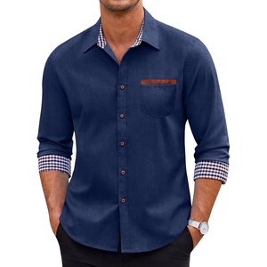 COOFANDY Men’s Long Sleeve Casual Button Down Shirts Untucked Shirts Plaid Collar Vintage Denim Shirt(Dark Blue)