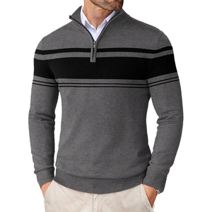COOFANDY Men’s Quarter Zip Up Sweaters Slim Fit Lightweight Mock Pullover(Dark Heather Grey & Black Stripe)