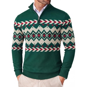 COOFANDY Men’s Quarter Zip Up Sweaters Slim Fit Lightweight Mock Pullover(Green & Red & Beige Pattern)