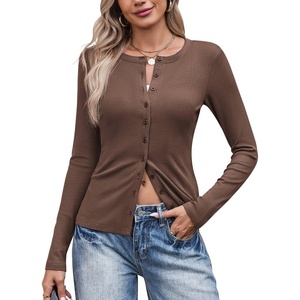 COOFANDY Women’s Lightweight Cardigans Ribbed Long Sleeve Button Up Sweater(Brown)