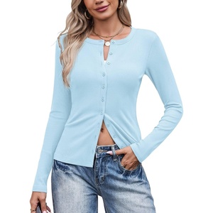 COOFANDY Women’s Lightweight Cardigans Ribbed Long Sleeve Button Up Sweater(Light Blue)