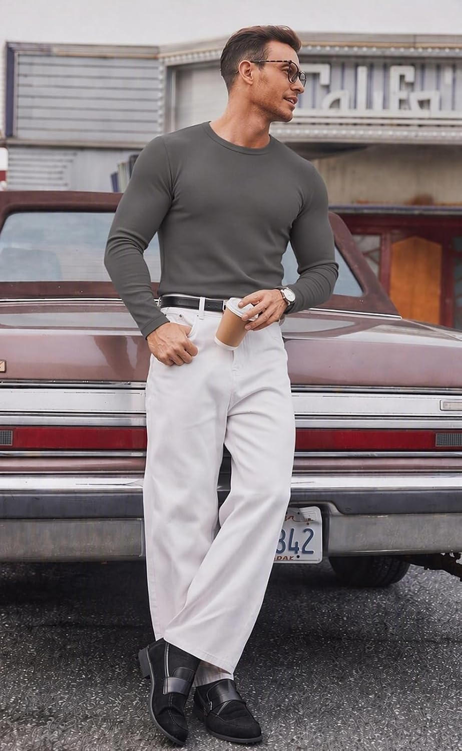 image:imageCOOFANDY Mens Long Sleeve T Shirts Muscle Fit Casual Crew Neck Ribbed Tee ShirtsDark Gray