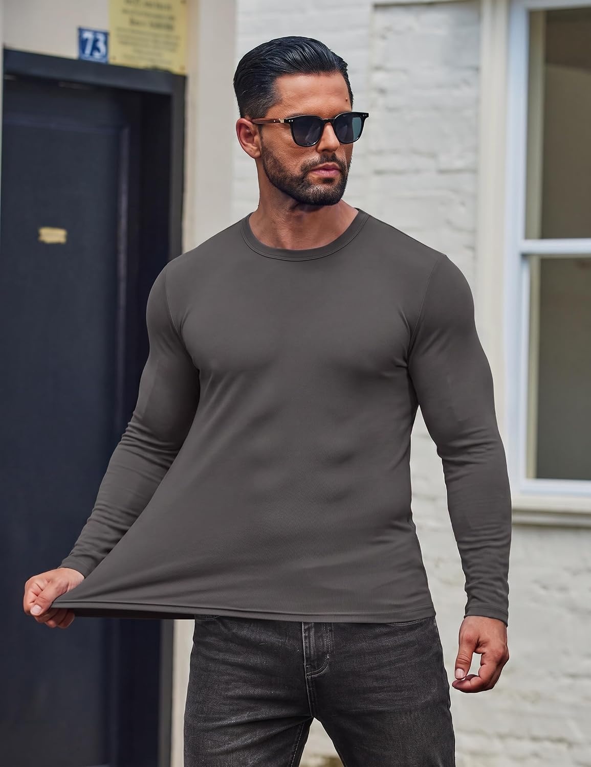 image:imageCOOFANDY Mens Long Sleeve T Shirts Muscle Fit Casual Crew Neck Ribbed Tee ShirtsDark Gray