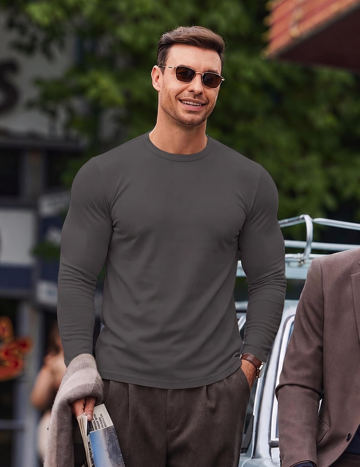image:imageCOOFANDY Mens Long Sleeve T Shirts Muscle Fit Casual Crew Neck Ribbed Tee ShirtsDark Gray