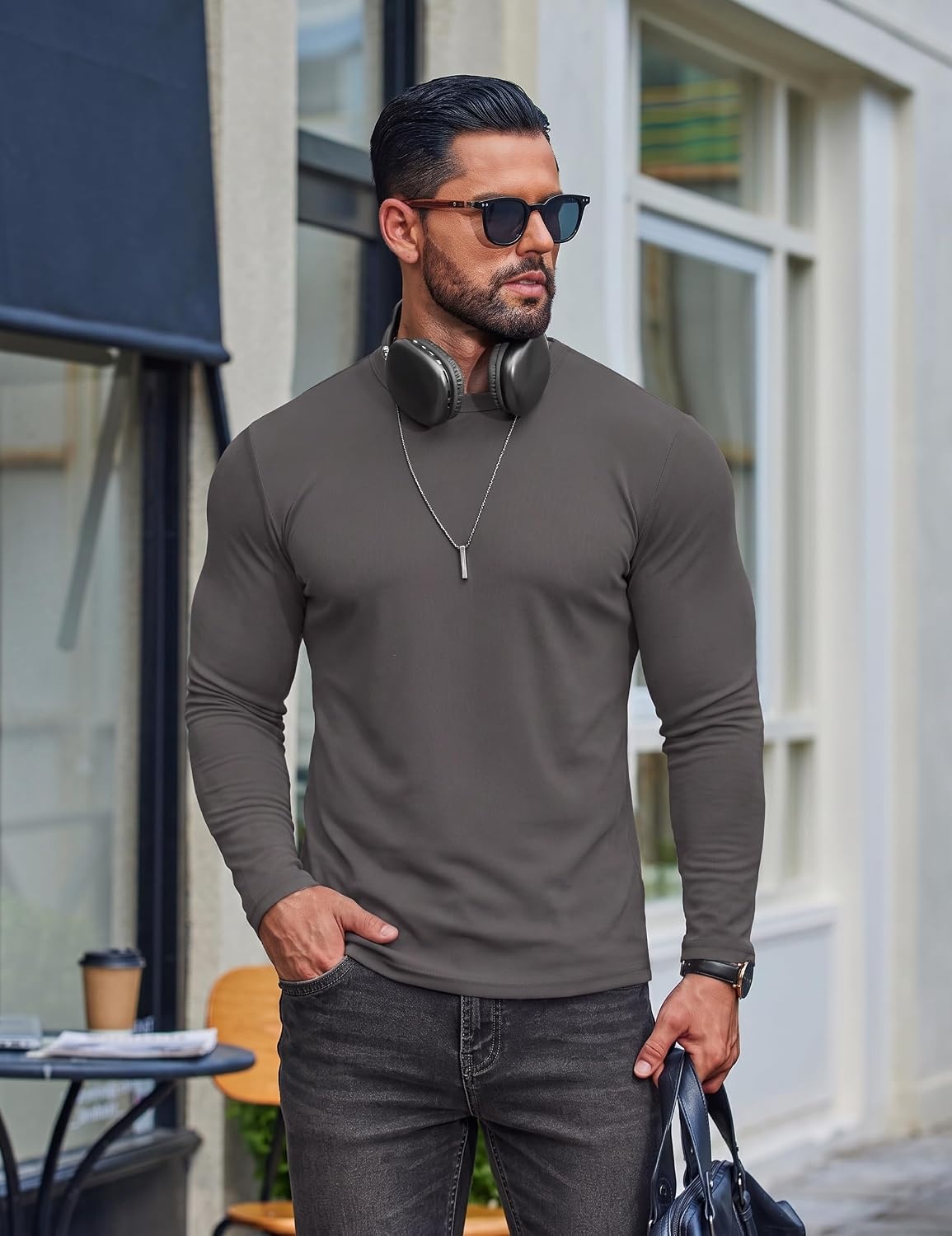 image:imageCOOFANDY Mens Long Sleeve T Shirts Muscle Fit Casual Crew Neck Ribbed Tee ShirtsDark Gray