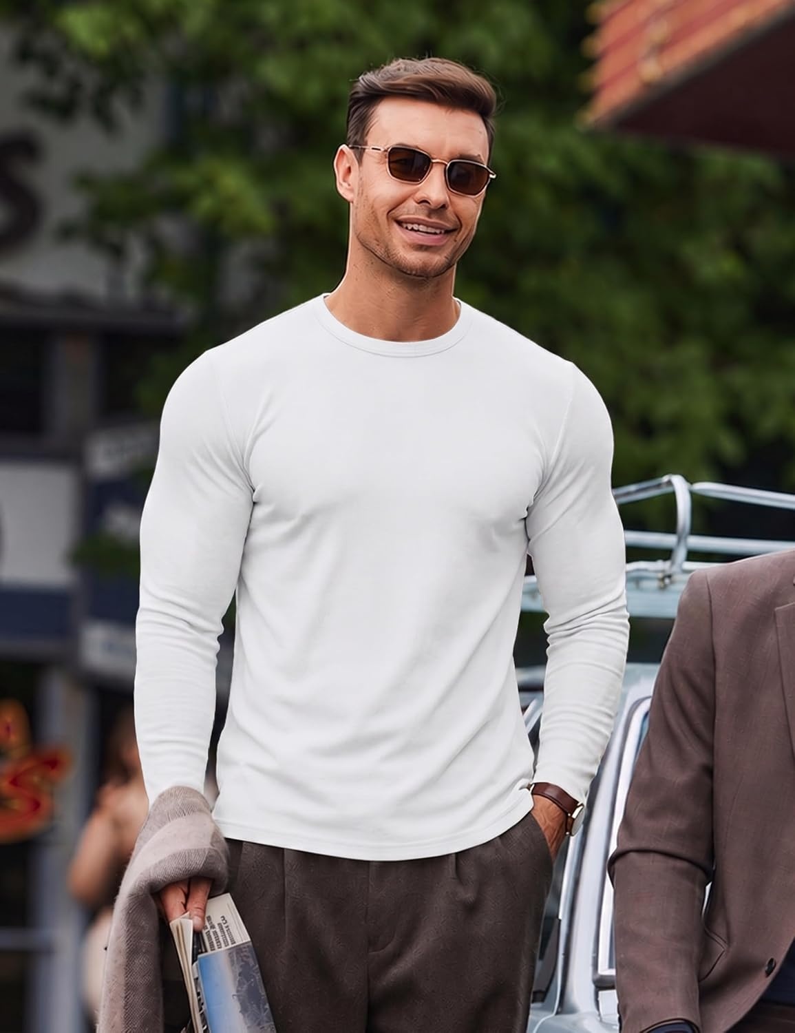 image:imageCOOFANDY Mens Long Sleeve T Shirts Muscle Fit Casual Crew Neck Ribbed Tee ShirtsWhite