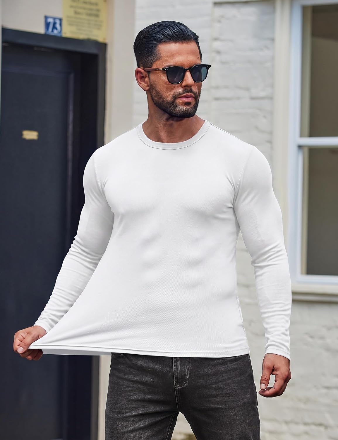 image:imageCOOFANDY Mens Long Sleeve T Shirts Muscle Fit Casual Crew Neck Ribbed Tee ShirtsWhite