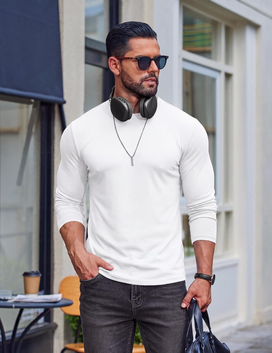 image:imageCOOFANDY Mens Long Sleeve T Shirts Muscle Fit Casual Crew Neck Ribbed Tee ShirtsWhite