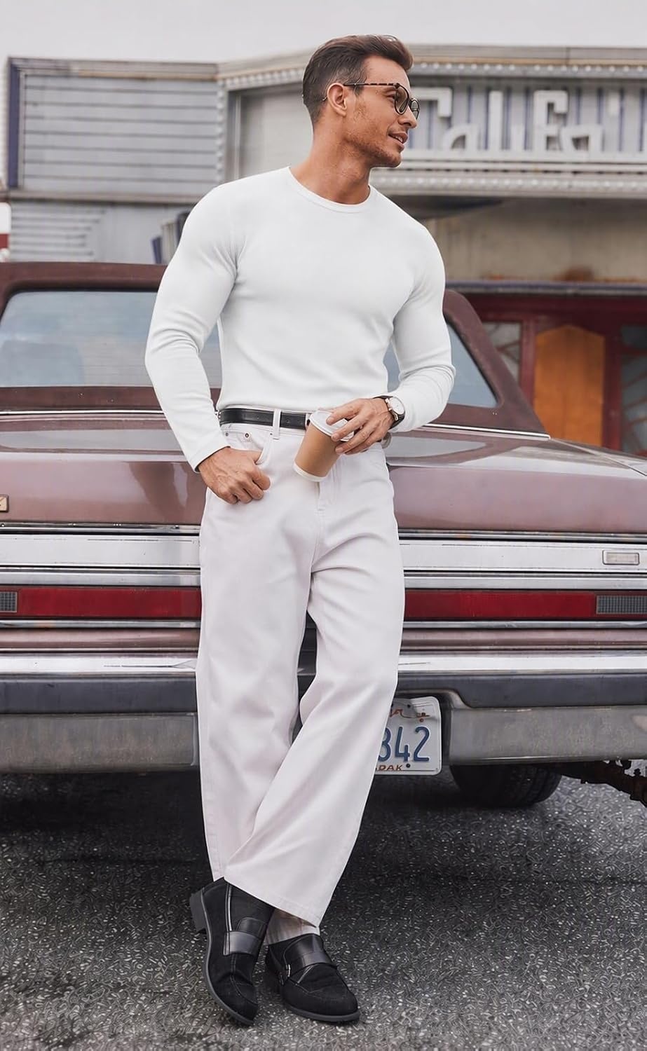 image:imageCOOFANDY Mens Long Sleeve T Shirts Muscle Fit Casual Crew Neck Ribbed Tee ShirtsWhite