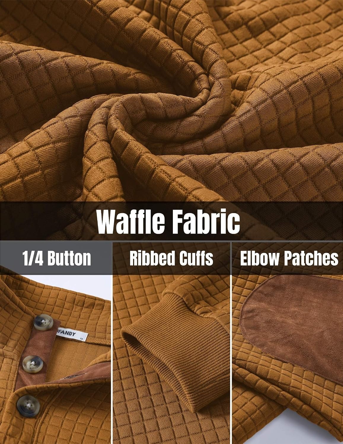 image:imageCOOFANDY Mens Quarter Button Sweatshirt Long Sleeve Pullover Waffle Casual Stand Collar SweaterLight Brown
