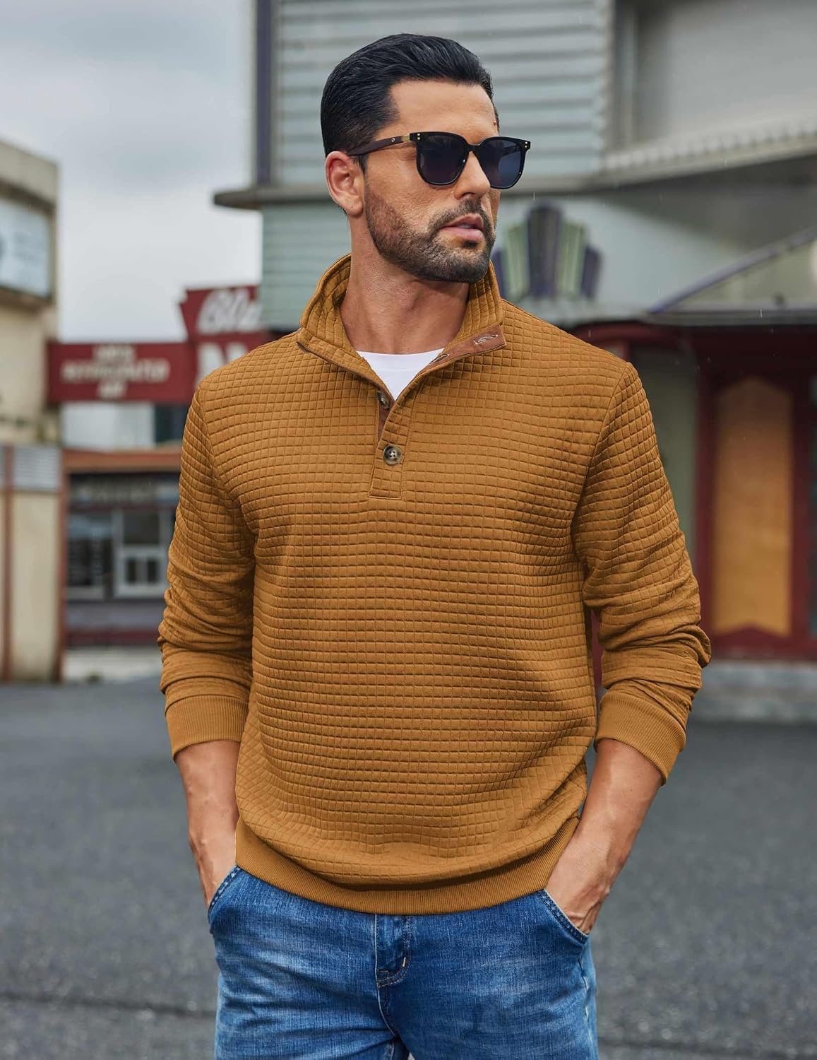 image:imageCOOFANDY Mens Quarter Button Sweatshirt Long Sleeve Pullover Waffle Casual Stand Collar SweaterLight Brown