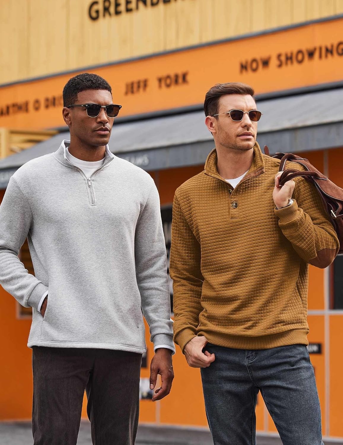 image:imageCOOFANDY Mens Quarter Button Sweatshirt Long Sleeve Pullover Waffle Casual Stand Collar SweaterLight Brown
