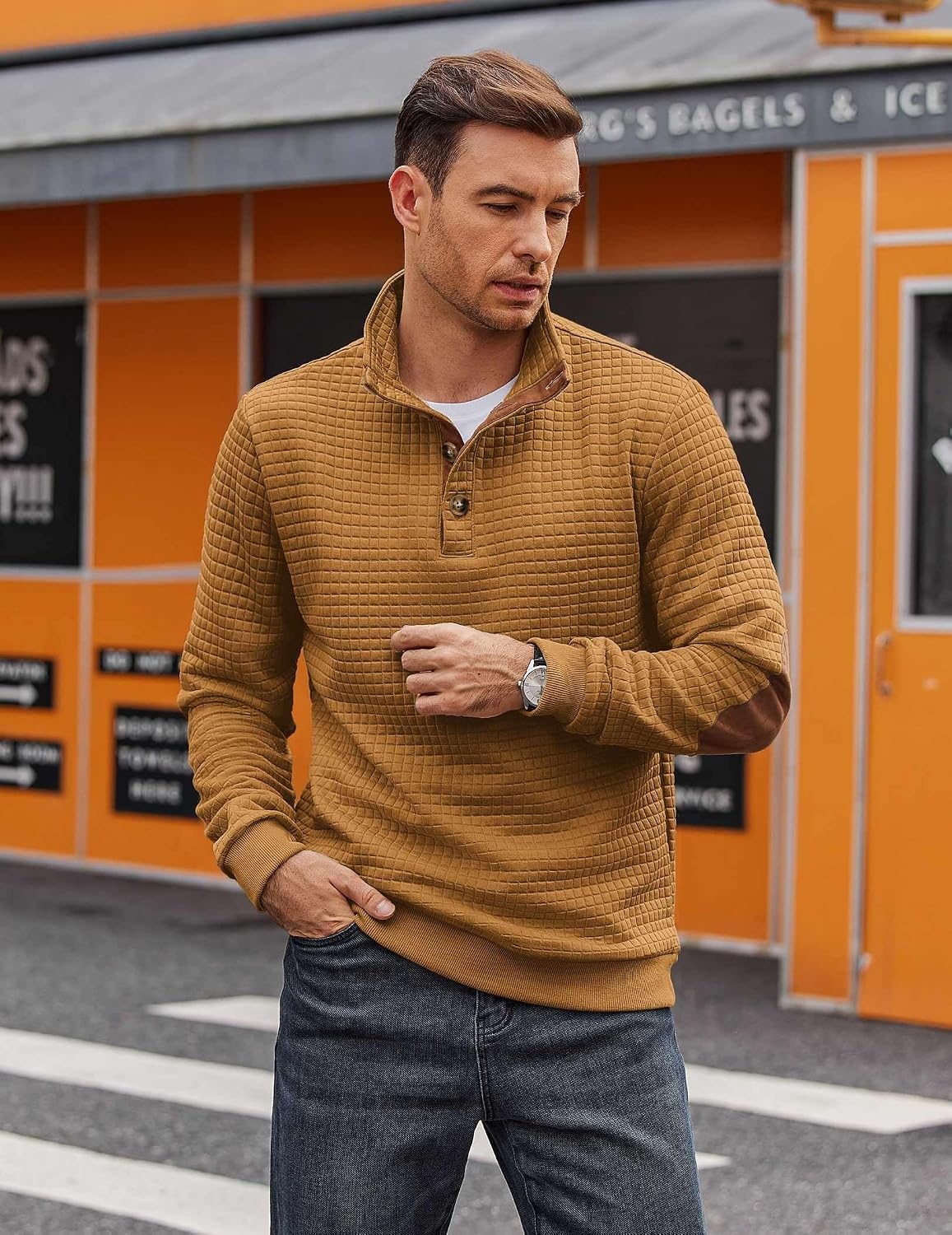 image:imageCOOFANDY Mens Quarter Button Sweatshirt Long Sleeve Pullover Waffle Casual Stand Collar SweaterLight Brown