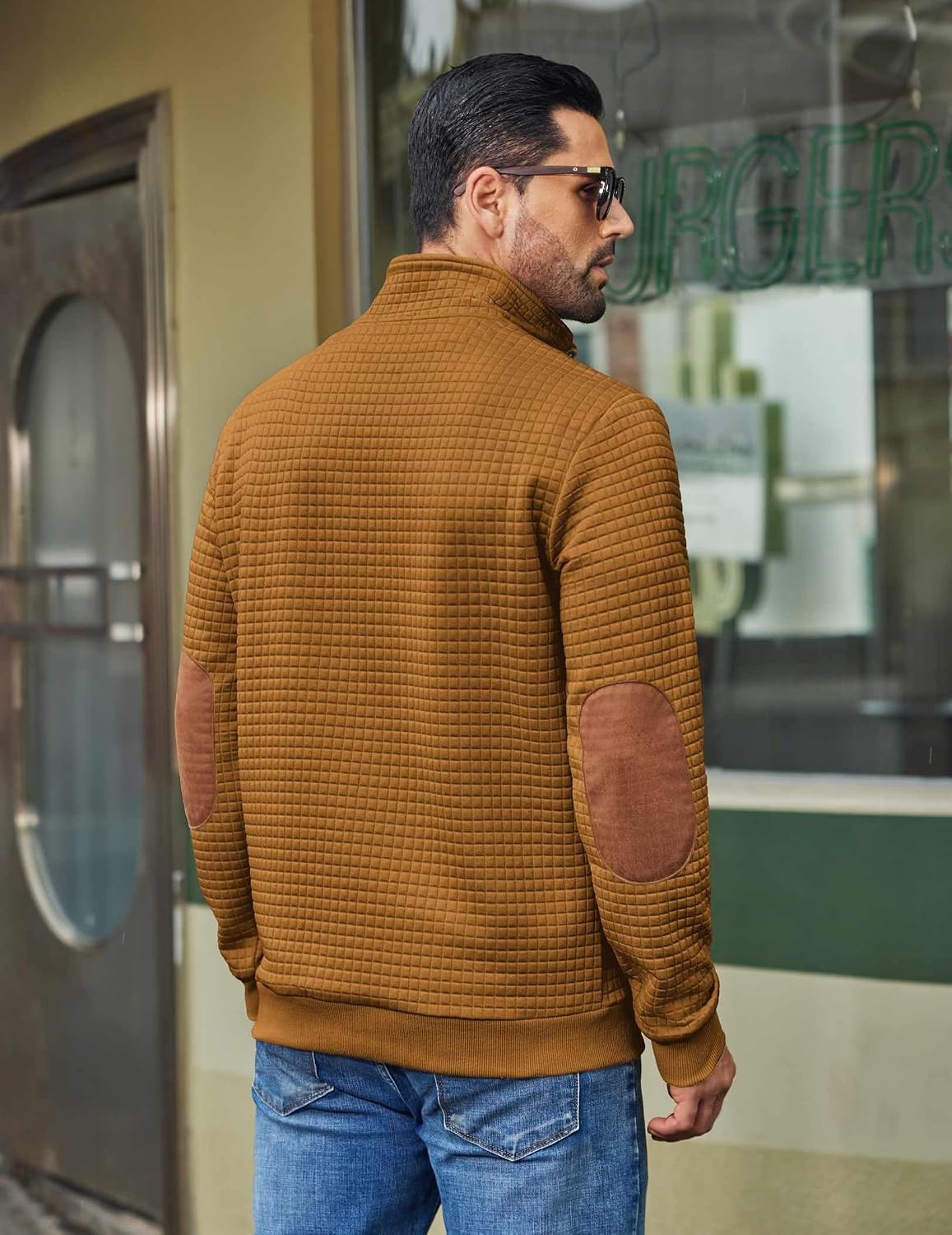 image:imageCOOFANDY Mens Quarter Button Sweatshirt Long Sleeve Pullover Waffle Casual Stand Collar SweaterLight Brown