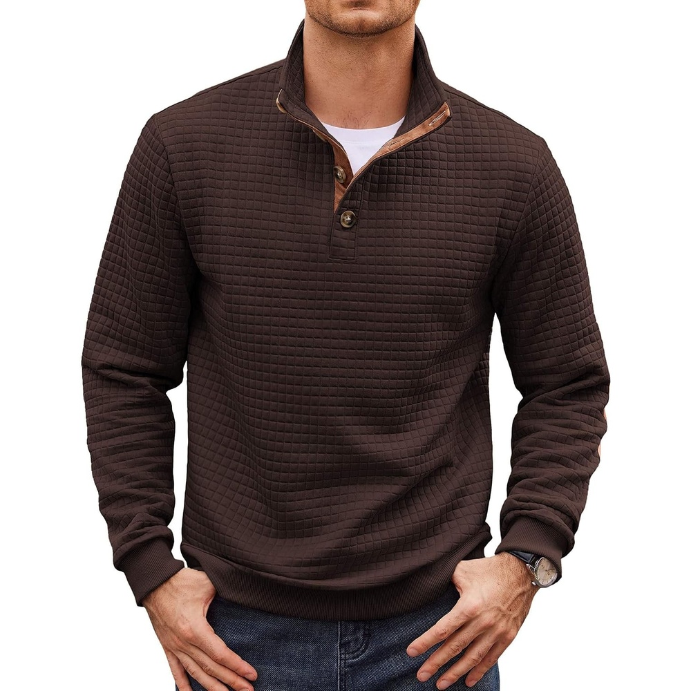 image:imageCOOFANDY Mens Quarter Button Sweatshirt Long Sleeve Pullover Waffle Casual Stand Collar SweaterBrown