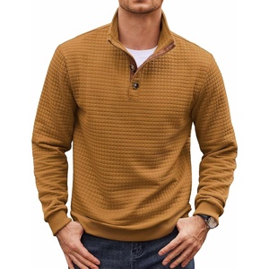 COOFANDY Mens Quarter Button Sweatshirt Long Sleeve Pullover Waffle Casual Stand Collar Sweater(Light Brown)