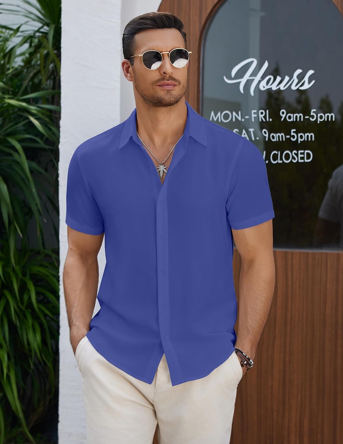 image:imageCOOFANDY Mens Casual Button Down Short Sleeve Shirts Summer Beach Wedding Shirt Vacation Cotton ShirtsNavy Blue