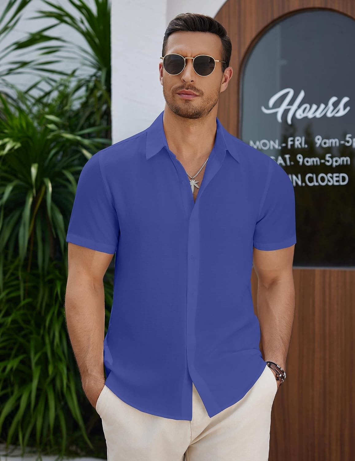 image:imageCOOFANDY Mens Casual Button Down Short Sleeve Shirts Summer Beach Wedding Shirt Vacation Cotton ShirtsNavy Blue