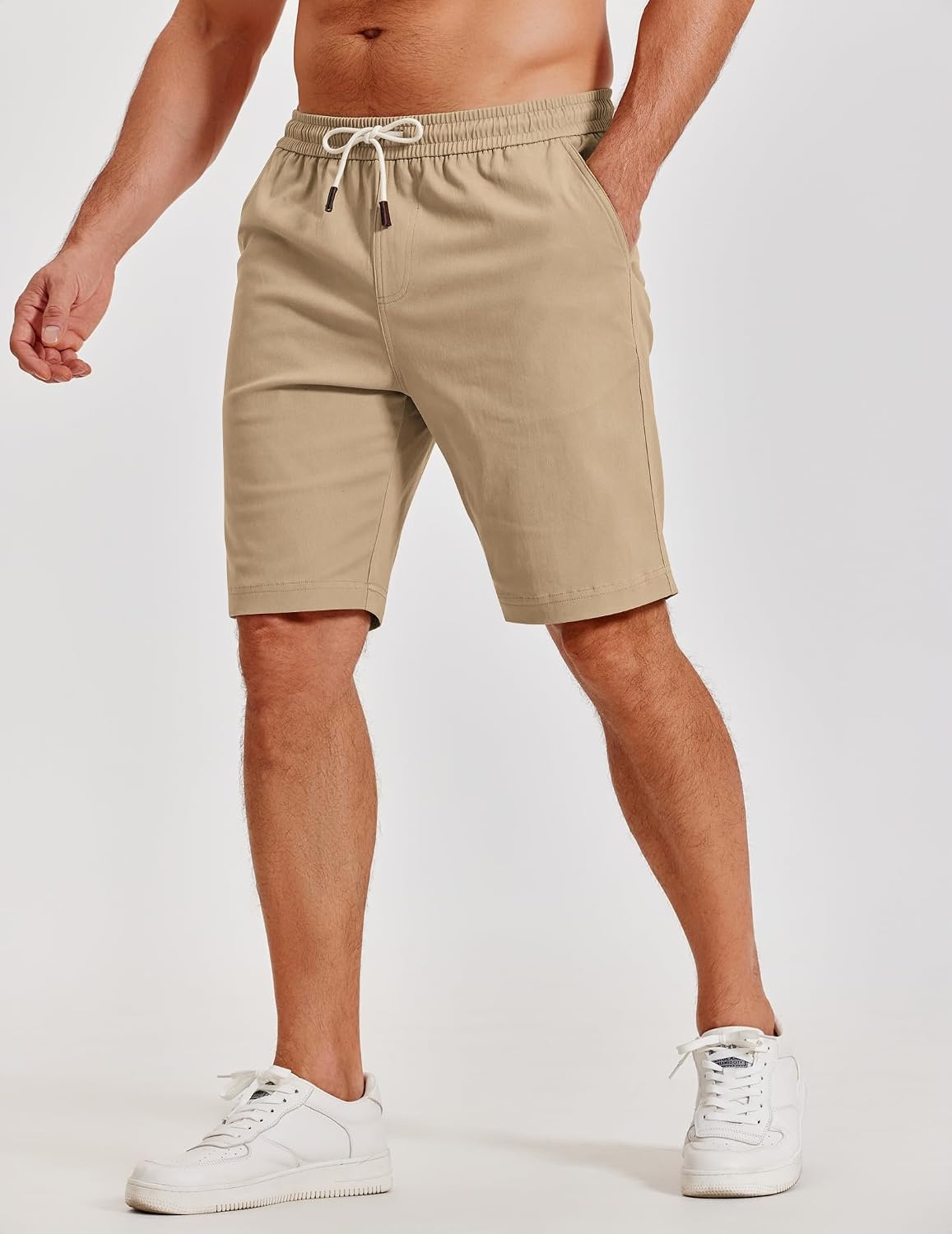 image:imageCOOFANDY Mens Casual Shorts Cotton Elastic Waist Shorts Drawstring Summer Beach ShortsBlack Dark Khaki
