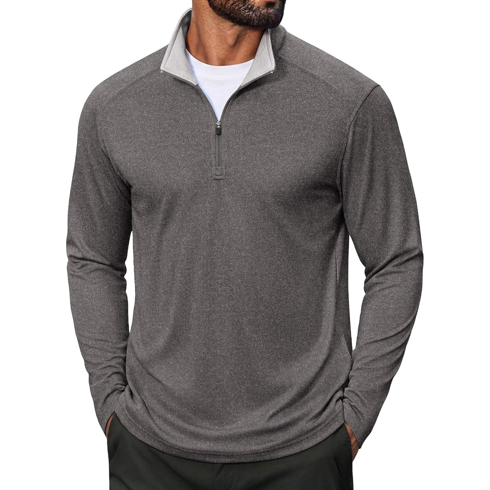 image:imageCOOFANDY Men Quarter Zip Pullover Lightweight Golf Mock Neck SweatshirtDark Grey