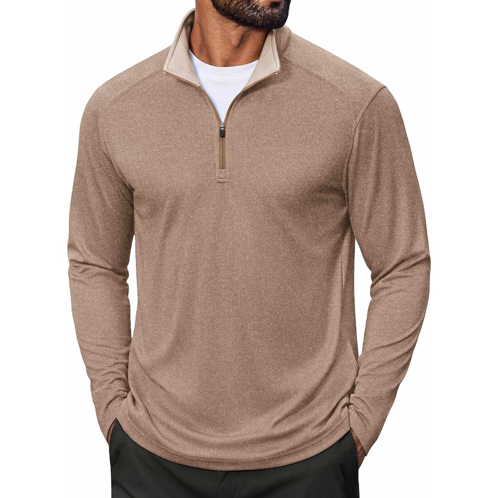 image:imageCOOFANDY Men Quarter Zip Pullover Lightweight Golf Mock Neck SweatshirtKhaki