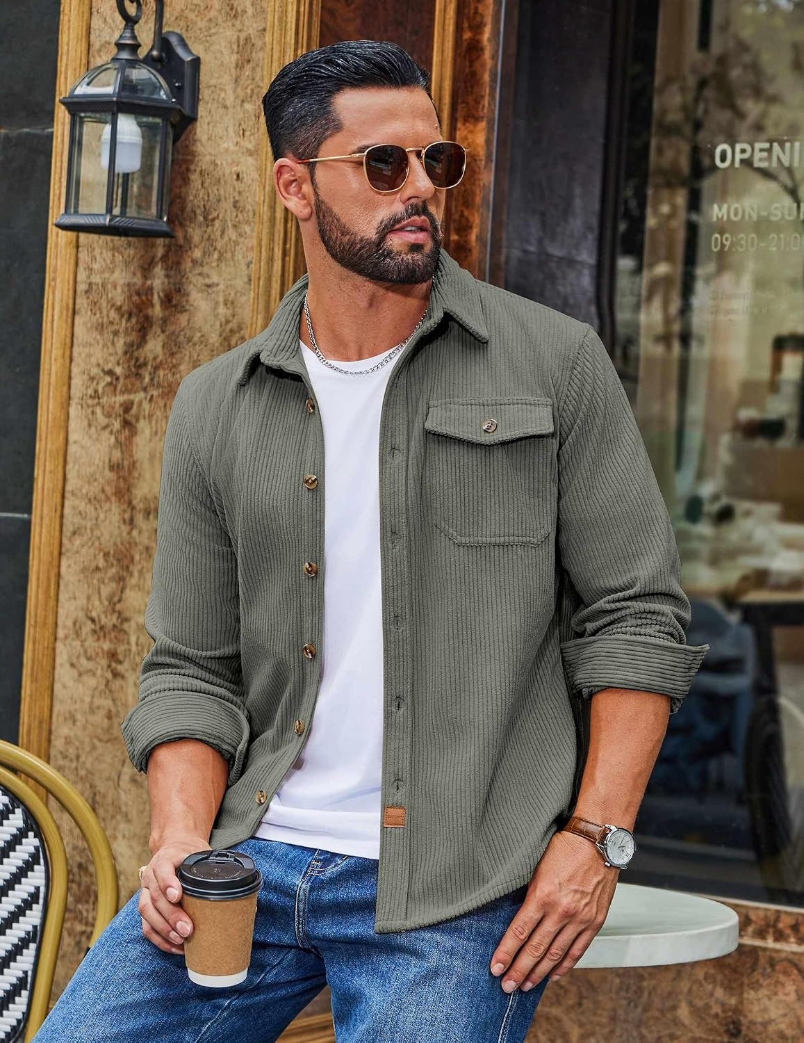 image:imageCOOFANDY Mens Corduroy Shirt Long Sleeve Button Down Casual Shirts JacketGray Green