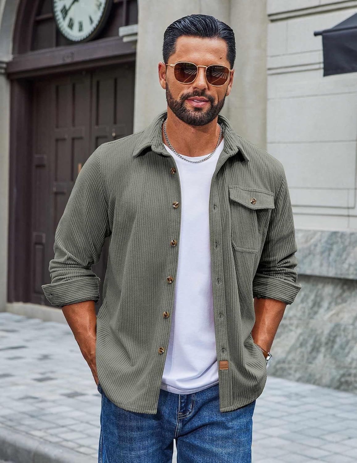 image:imageCOOFANDY Mens Corduroy Shirt Long Sleeve Button Down Casual Shirts JacketGray Green