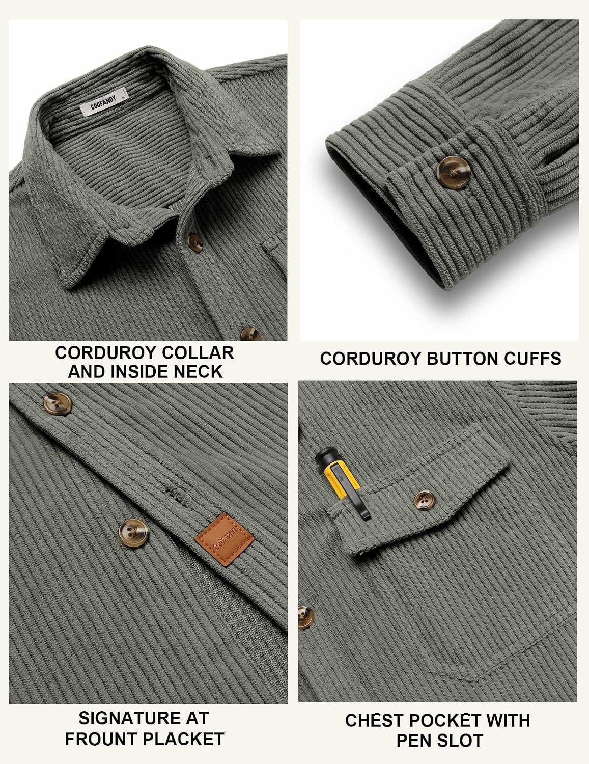 image:imageCOOFANDY Mens Corduroy Shirt Long Sleeve Button Down Casual Shirts JacketGray Green