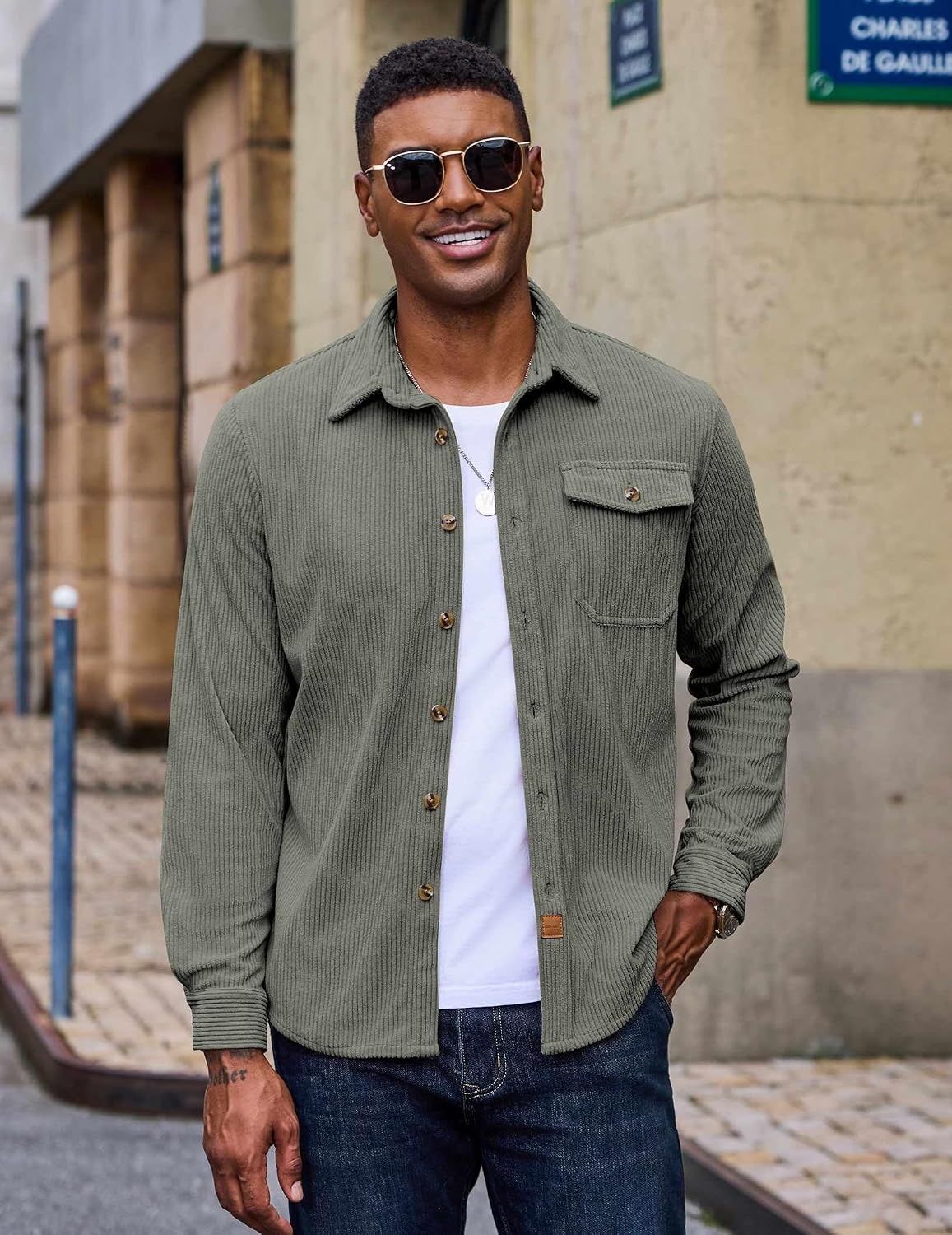 image:imageCOOFANDY Mens Corduroy Shirt Long Sleeve Button Down Casual Shirts JacketGray Green