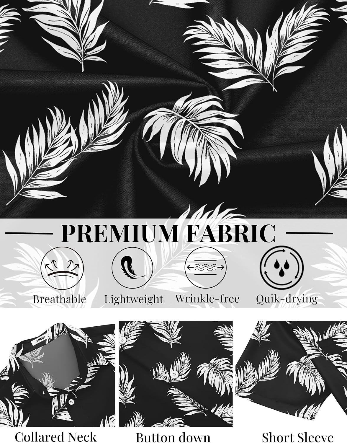 image:imageCOOFANDY Mens Hawaiian Shirts Short Sleeve Button Down Vacation ShirtsBlackpalm Leaf